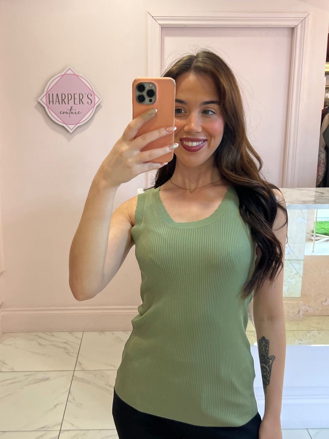 Terri Khaki Scallop Edge Fine Knit Top