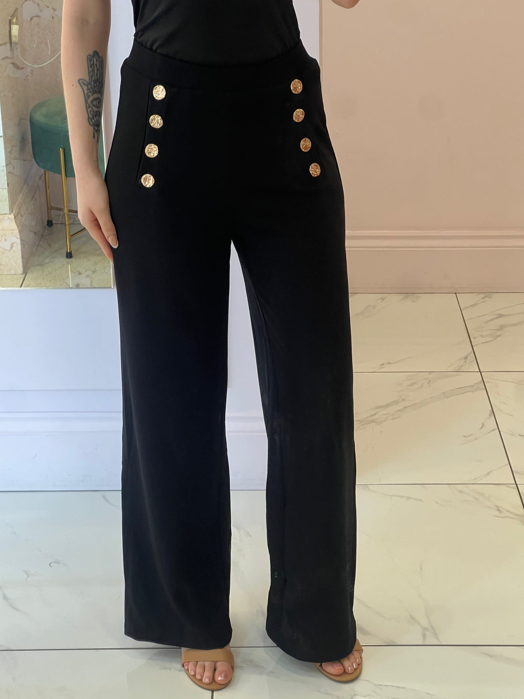 Indie Black Gold Button Wide Leg Trousers