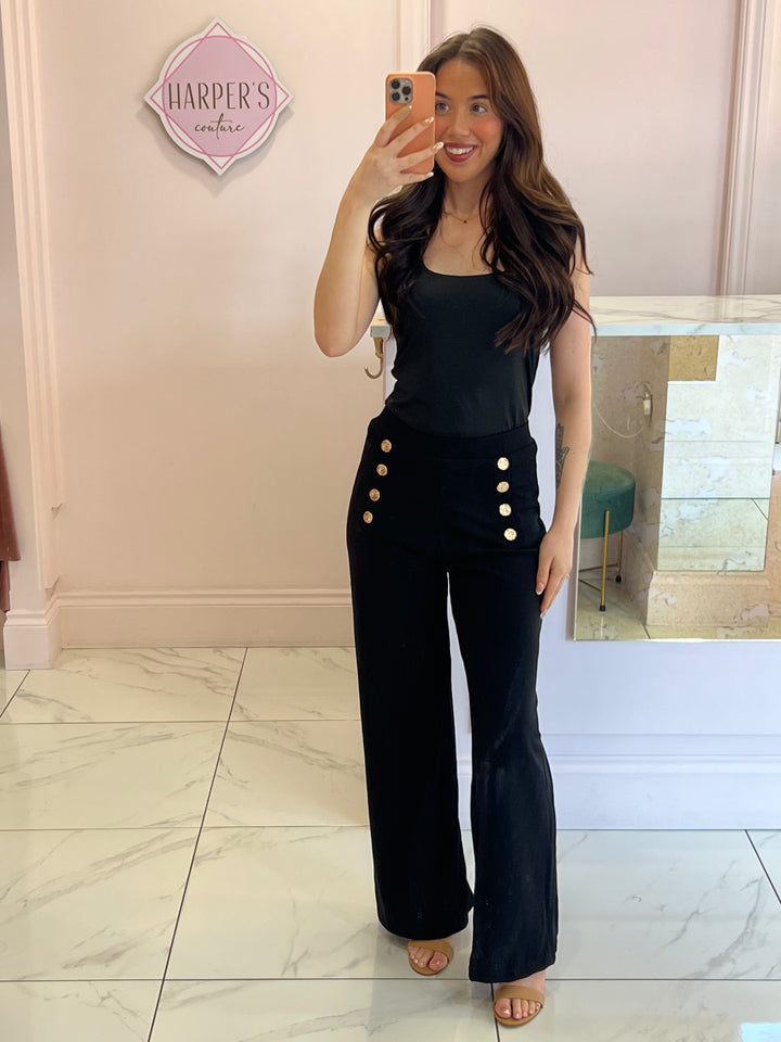 Indie Black Gold Button Wide Leg Trousers