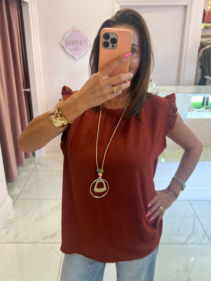 Kaya Frill Shoulder Top With Necklace