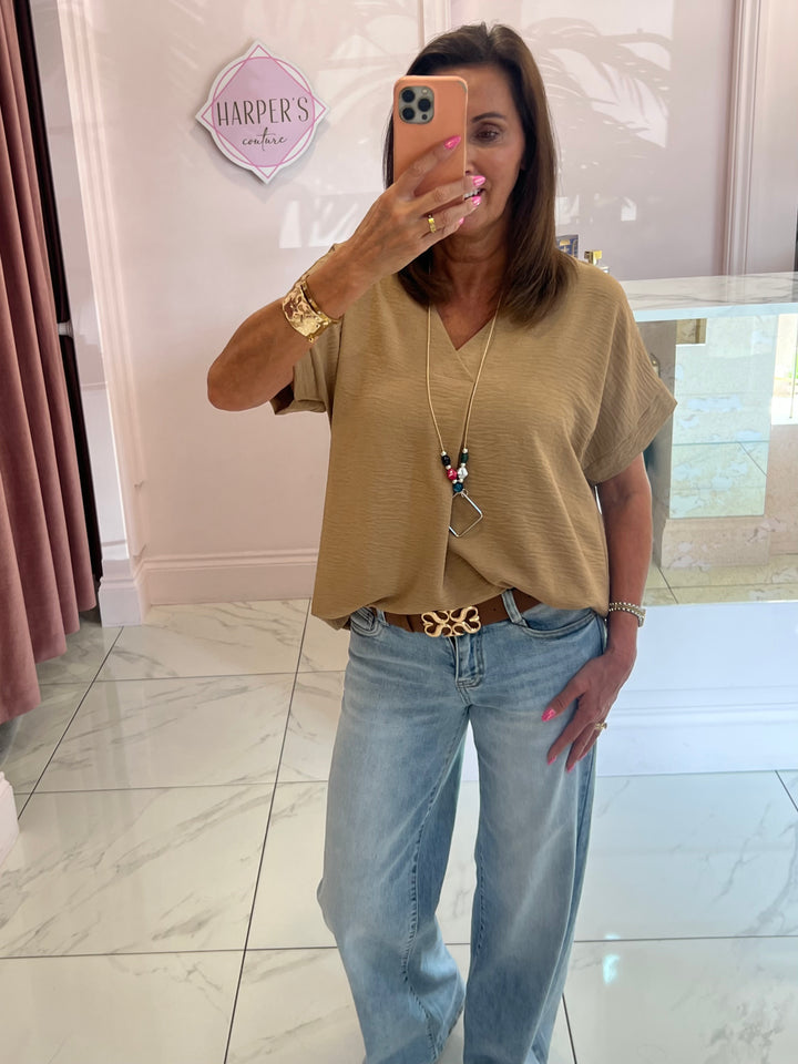 Ember Tan V Neck Top With Necklace