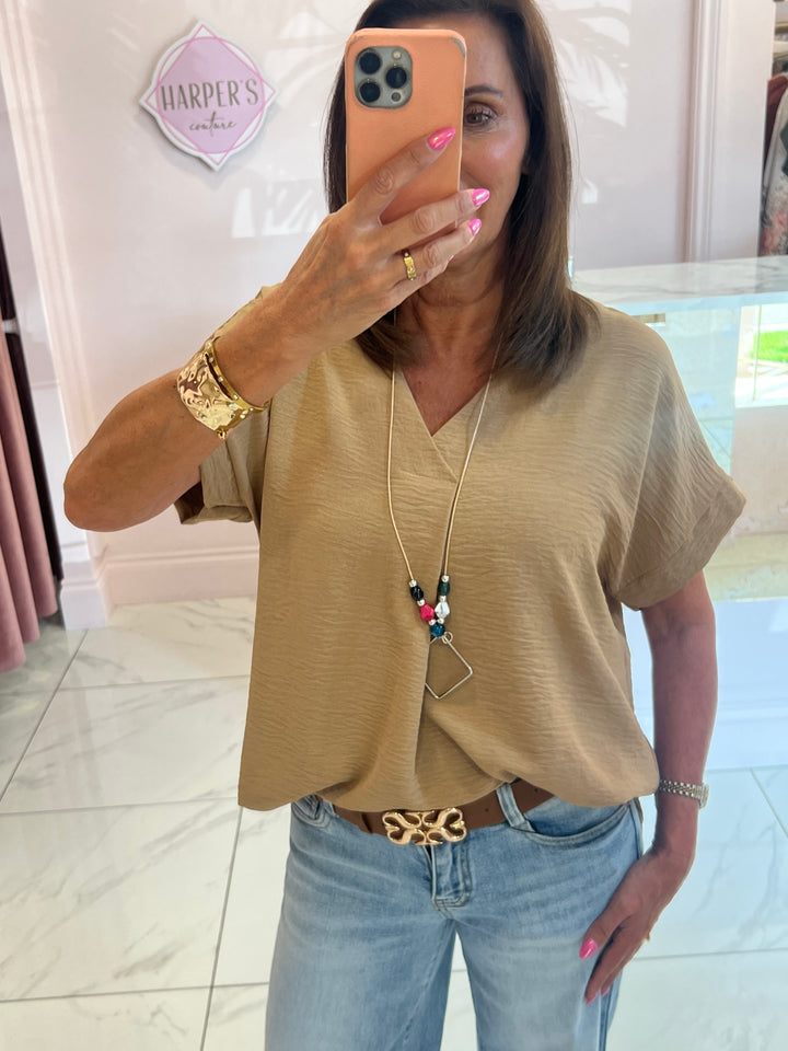 Ember Tan V Neck Top With Necklace
