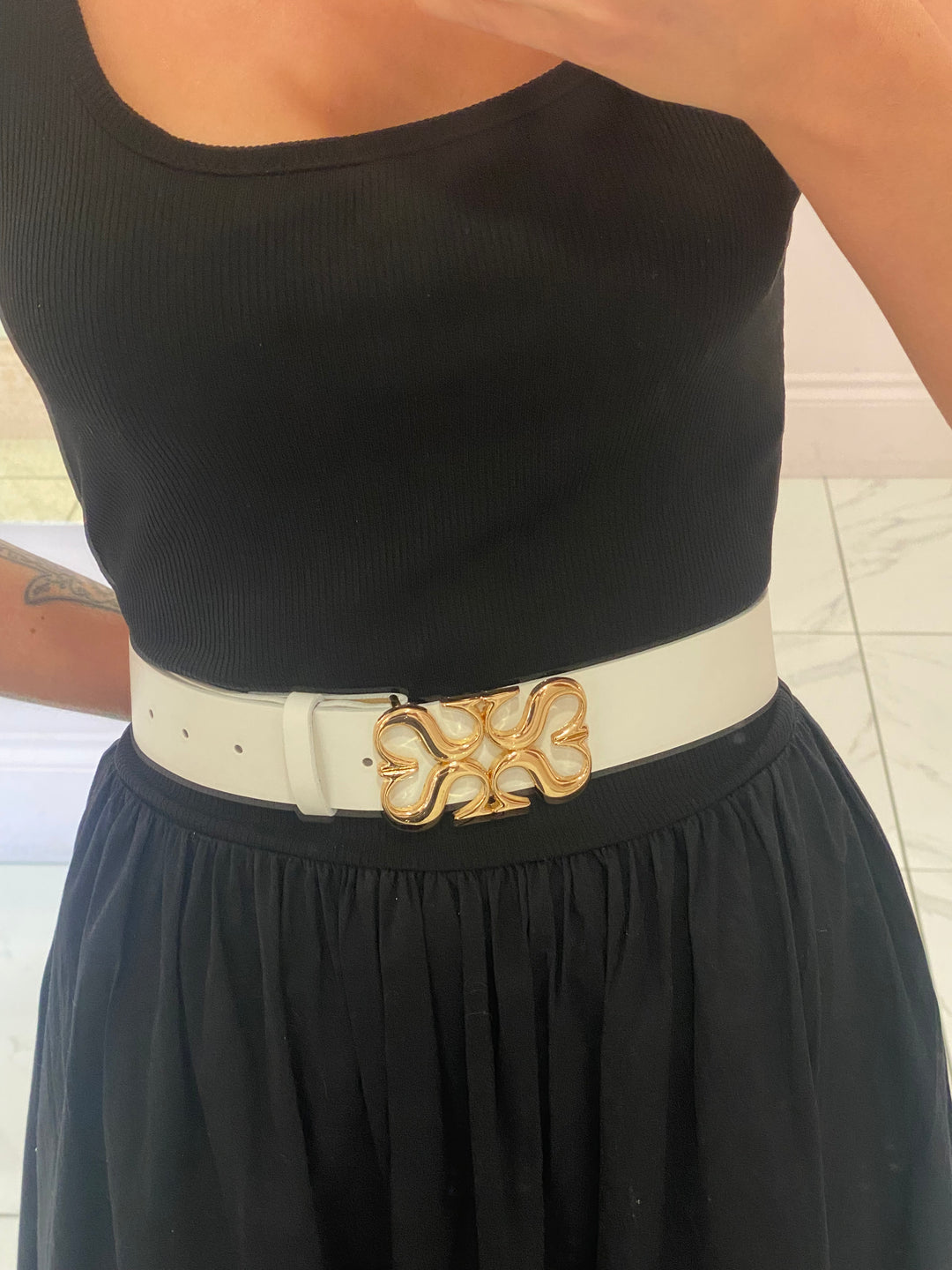 White Belt With Gold Ornate Buckle