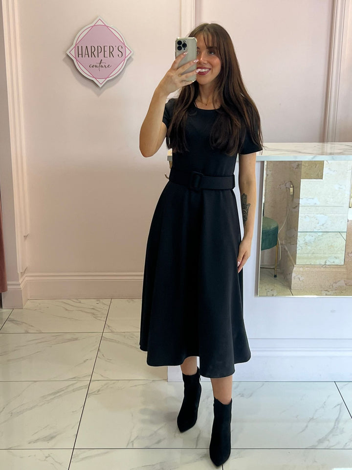 Jolene Black Tailored Short Sleeve Midi Dress with Belt
