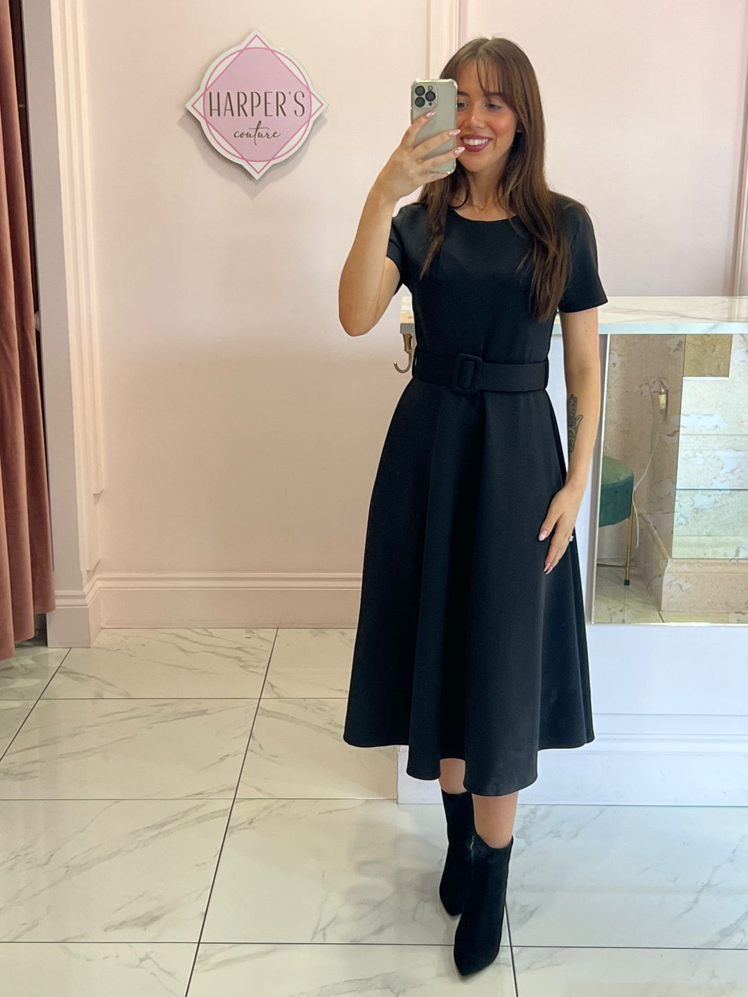 Jolene Black Tailored Short Sleeve Midi Dress with Belt