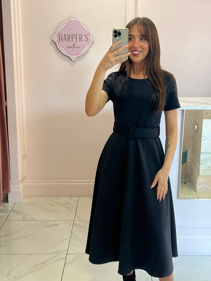 Jolene Black Tailored Short Sleeve Midi Dress with Belt