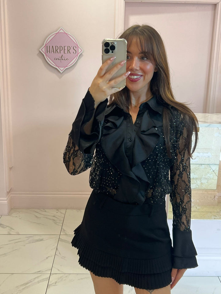 Hollie Lace & Ruffle Black Shirt with Bell Sleeves