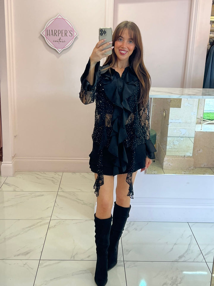 Hollie Lace & Ruffle Black Shirt with Bell Sleeves