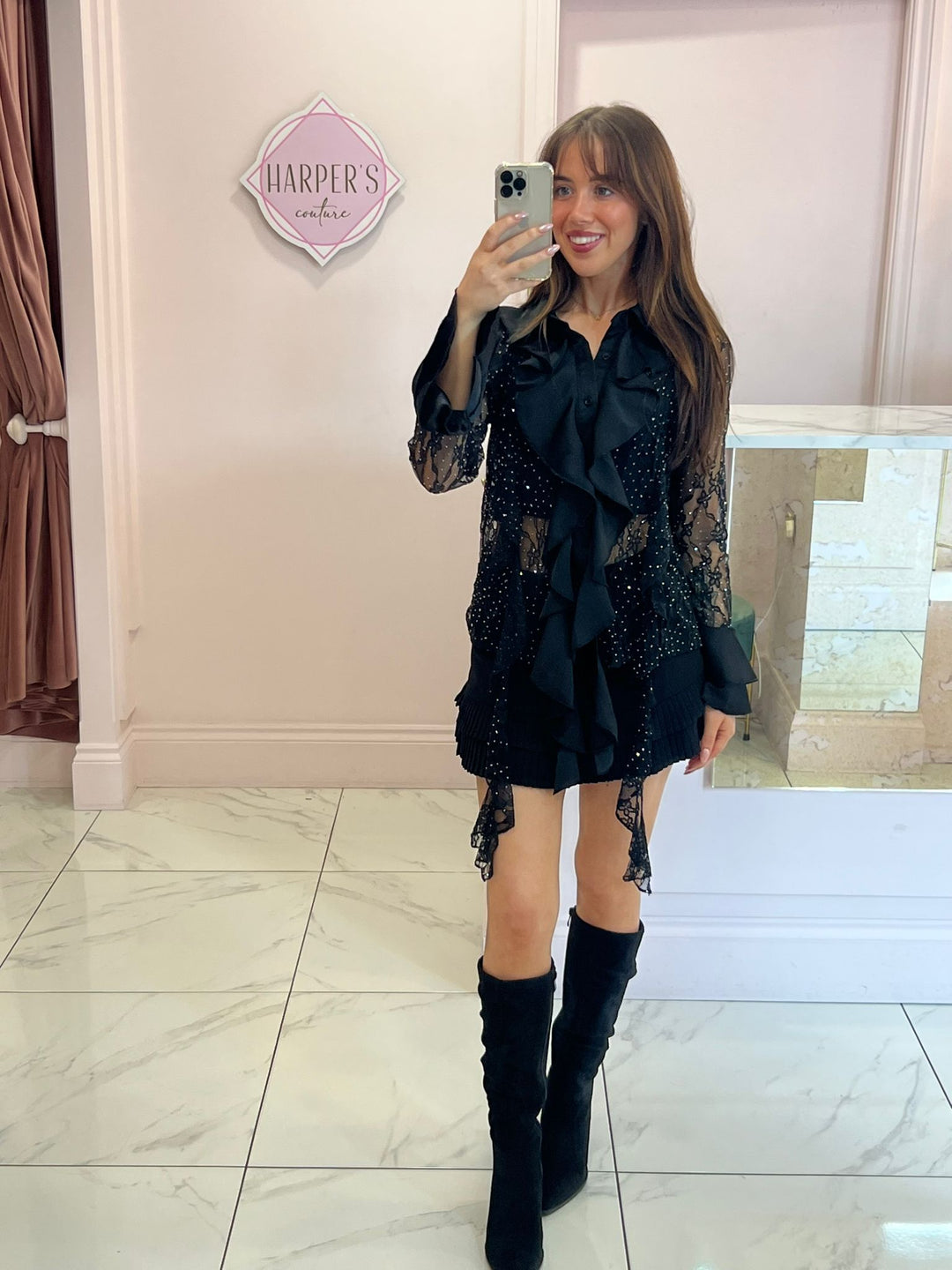 Hollie Lace & Ruffle Black Shirt with Bell Sleeves
