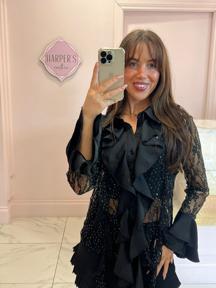 Hollie Lace & Ruffle Black Shirt with Bell Sleeves