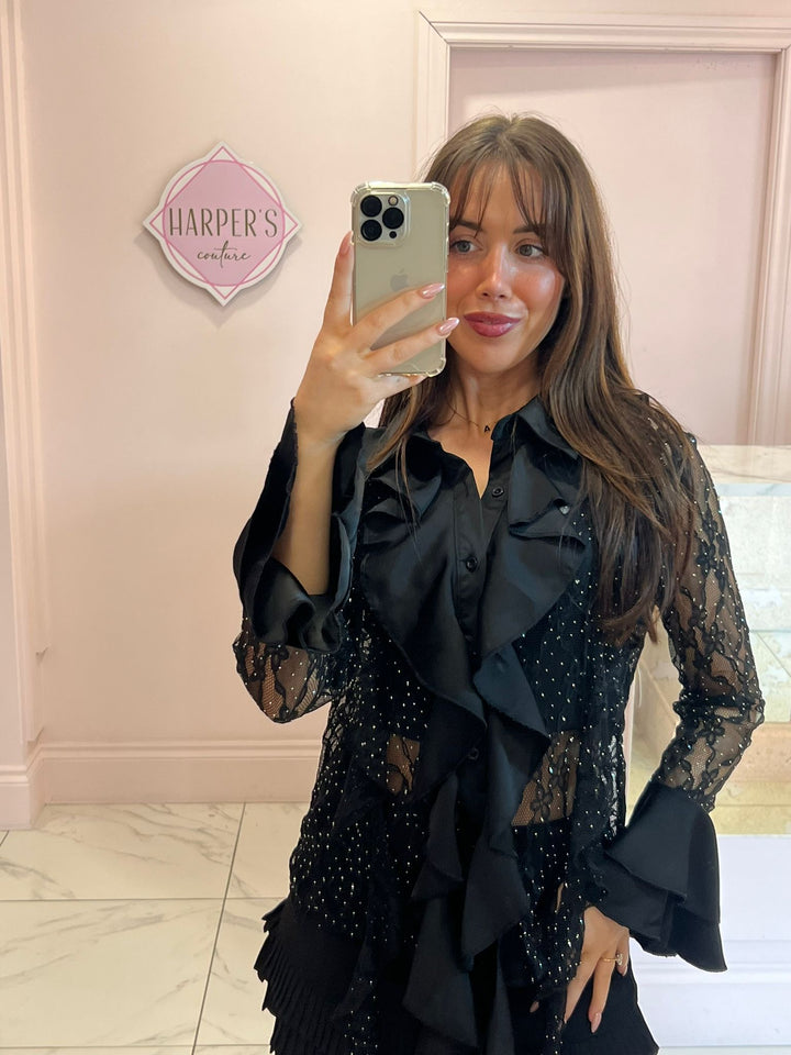 Hollie Lace & Ruffle Black Shirt with Bell Sleeves