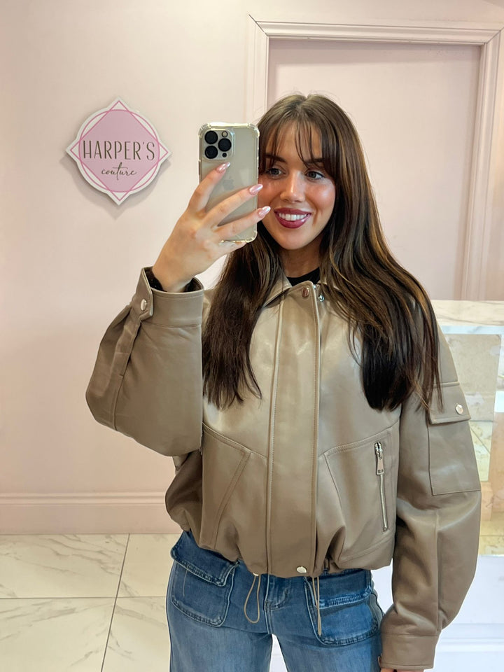 Beryl Mocha Faux Leather Lined Bomber Jacket