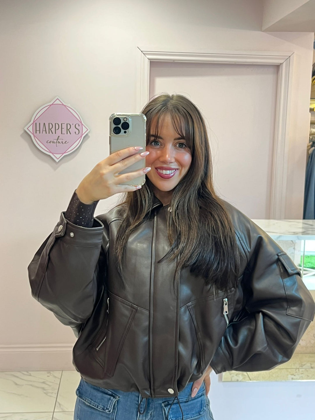 Beryl Chocolate Faux Leather Lined Bomber Jacket