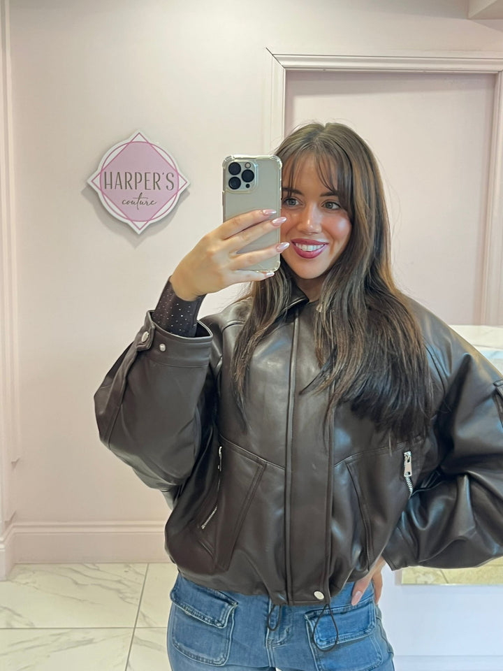 Beryl Chocolate Faux Leather Lined Bomber Jacket