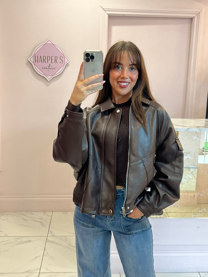 Beryl Chocolate Faux Leather Lined Bomber Jacket