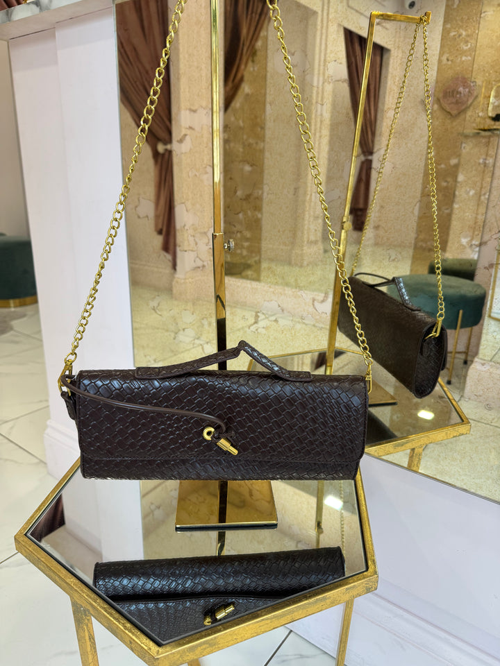 Phoebe Baguette Shape Clutch Bag With Detachable gold chain strap