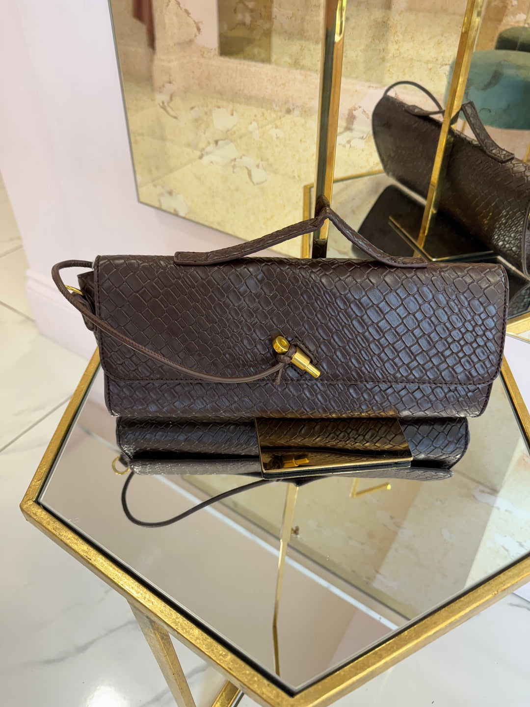Phoebe Baguette Shape Clutch Bag With Detachable gold chain strap