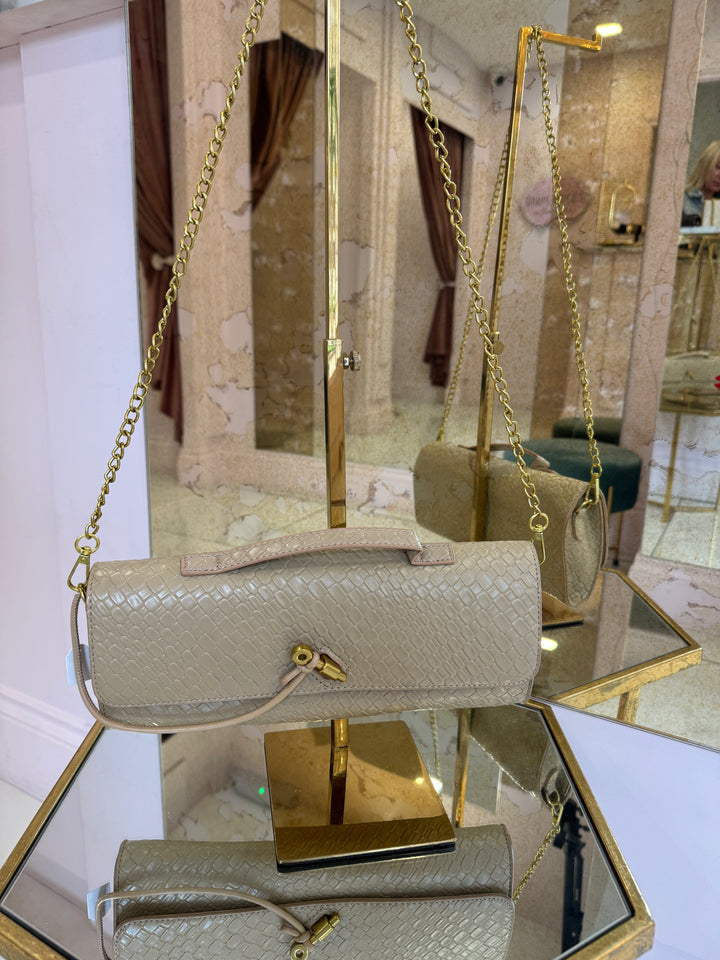 Phoebe Baguette Shape Clutch Bag With Detachable gold chain strap