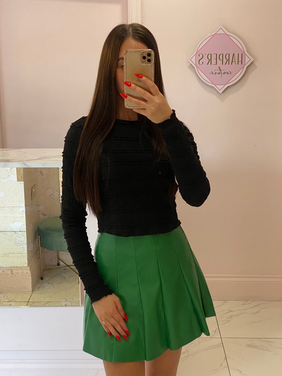 Tasha Green Pleated Leather Look Skirt