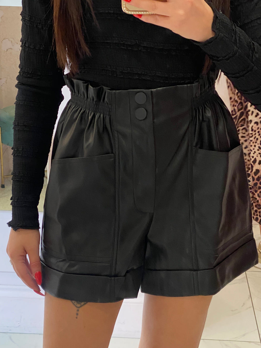 Sherrie Black Faux Leather High Waist Shorts