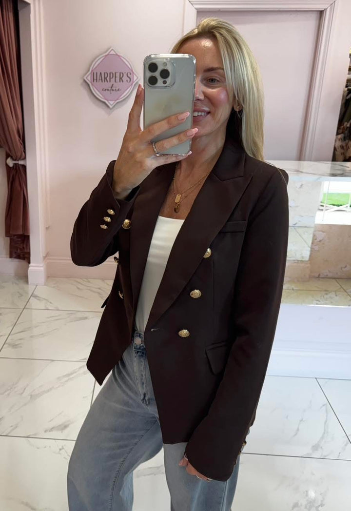Alena Chocolate Gold Button Inspired Blazer