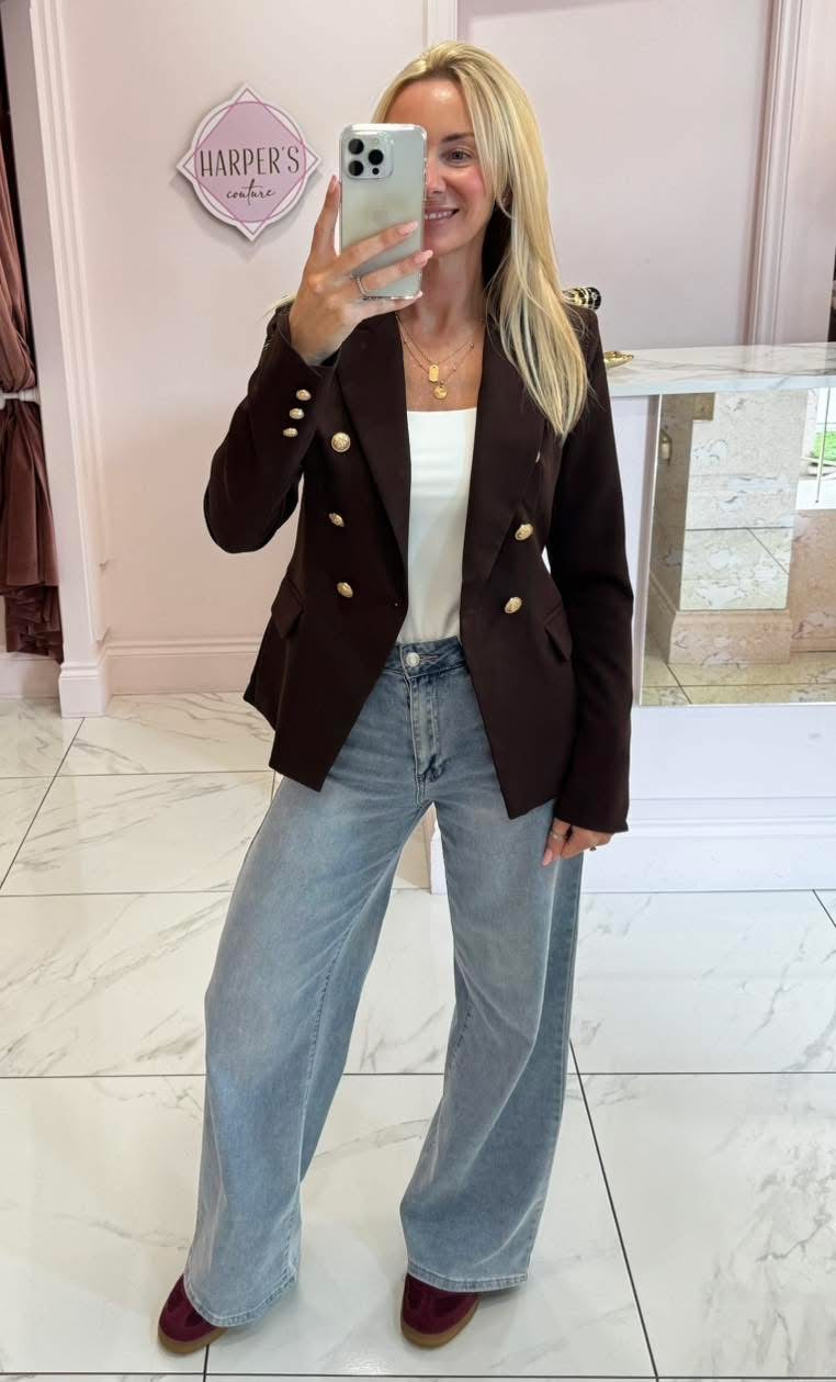 Alena Chocolate Gold Button Inspired Blazer