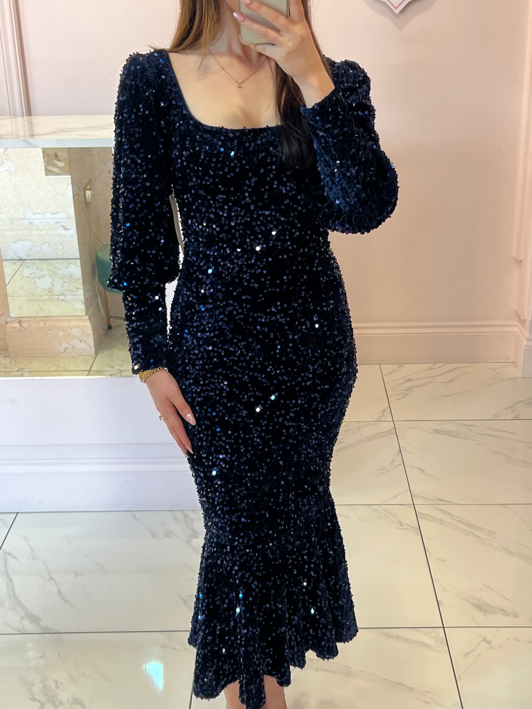 Emmy Navy Sequin Fishtail Dress