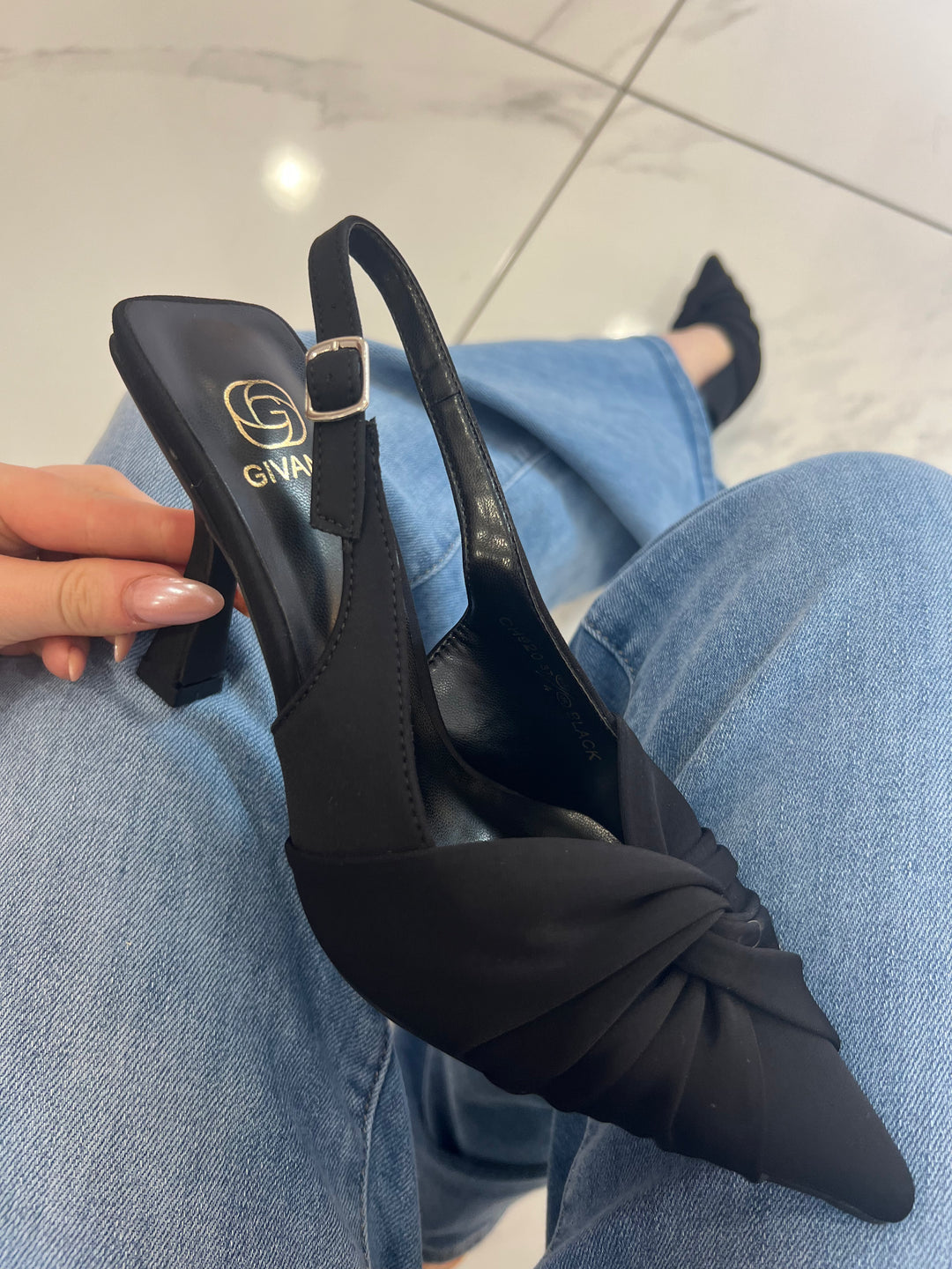 Ava Black Sling Back Kitten Heel Twist Front Detail