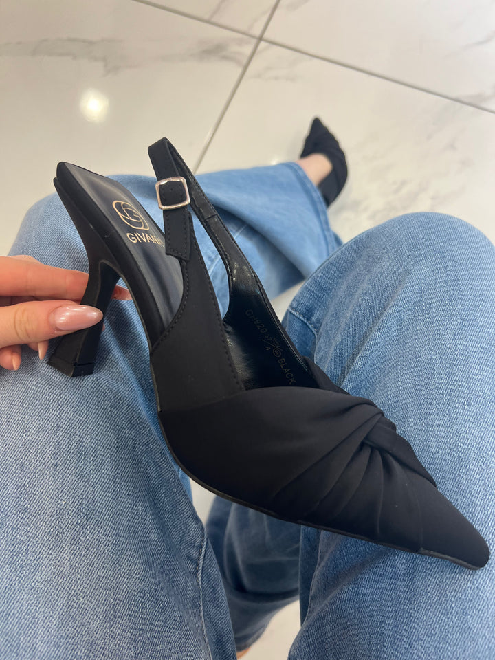 Ava Black Sling Back Kitten Heel Twist Front Detail