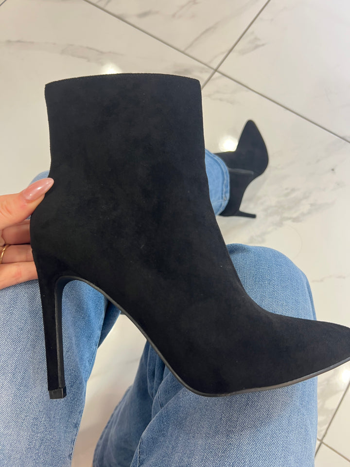 Cassie Black Stiletto Heel Suede Effect Ankle Boots