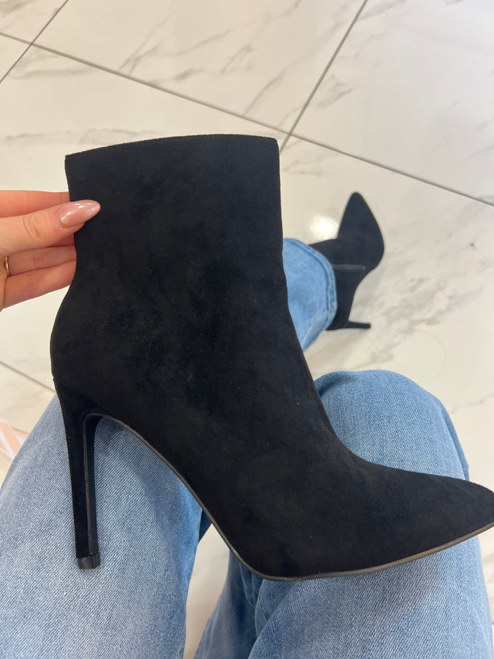 Cassie Black Stiletto Heel Suede Effect Ankle Boots