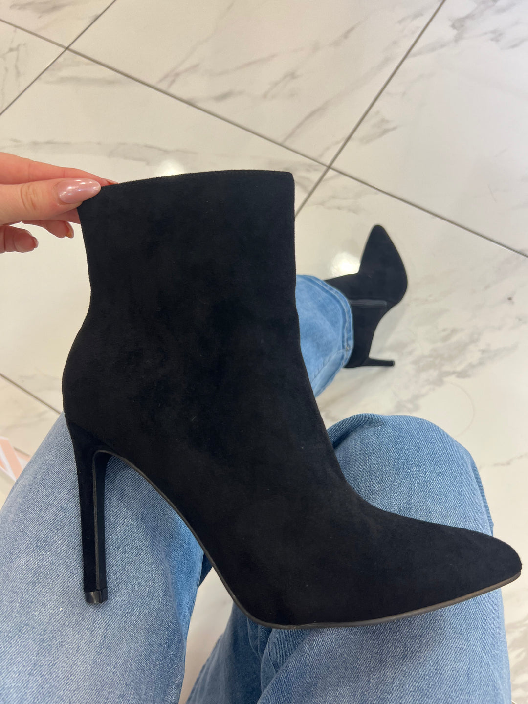 Cassie Black Stiletto Heel Suede Effect Ankle Boots