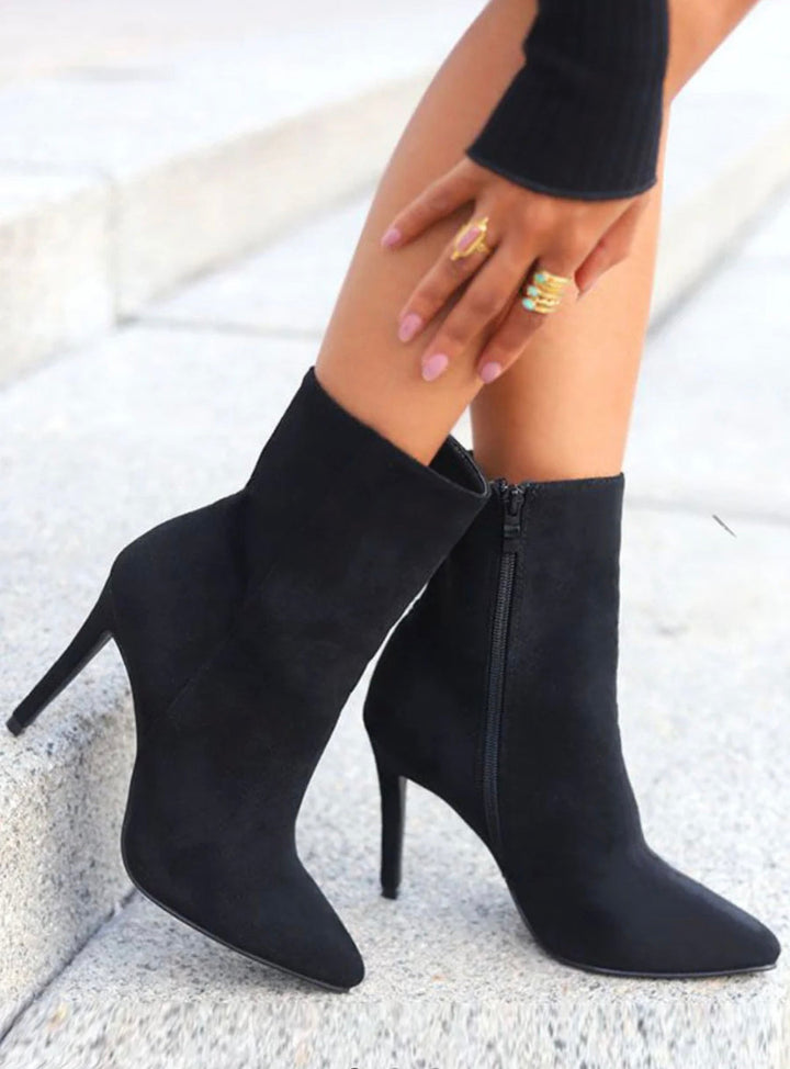 Cassie Black Stiletto Heel Suede Effect Ankle Boots