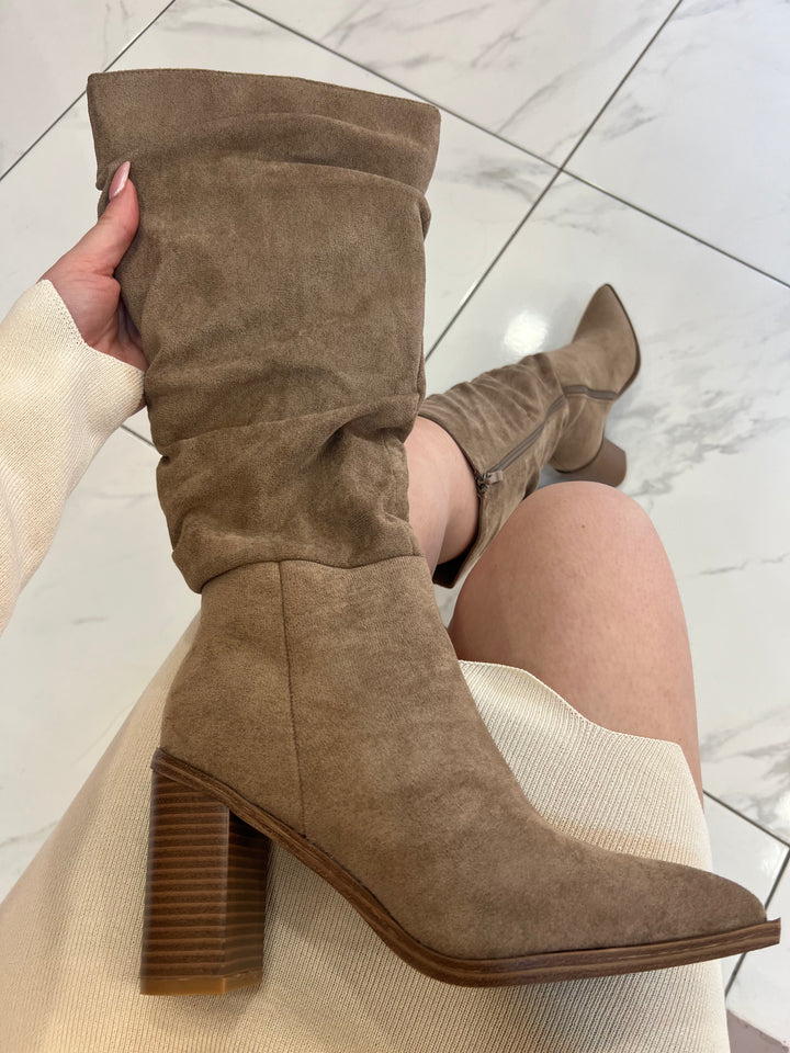 Erin Slouch Block Heel Beige Boots