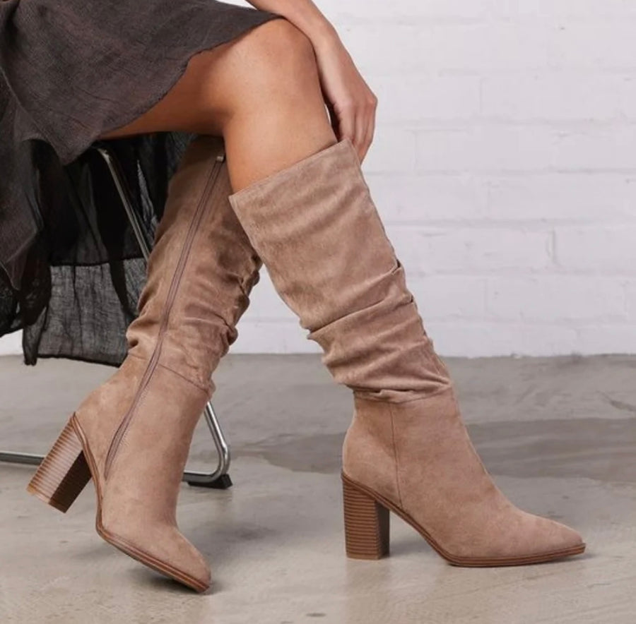 Erin Slouch Block Heel Beige Boots
