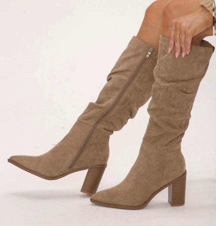 Erin Slouch Block Heel Beige Boots