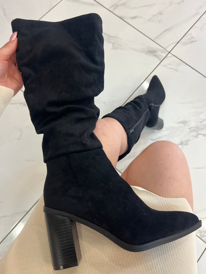 Erin Slouch Block Heel Black Boots