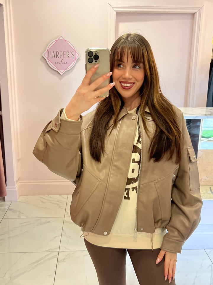 Beryl Mocha Faux Leather Lined Bomber Jacket