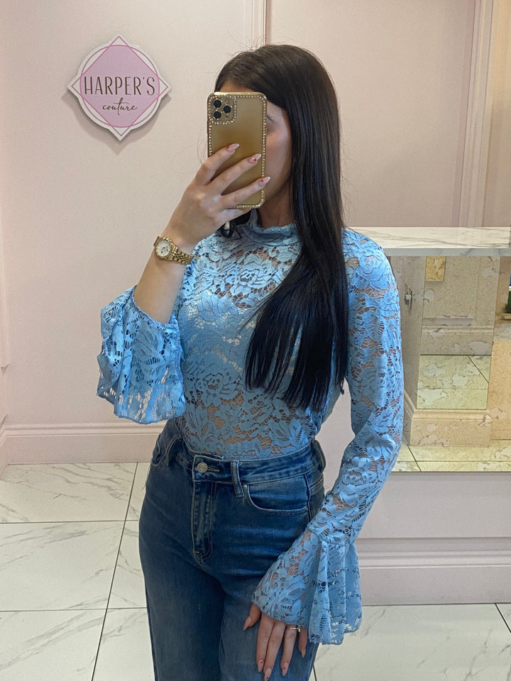 Caitlyn Blue Lace Top with Bell Sleeves