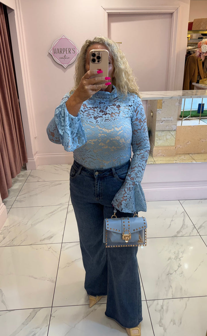 Caitlyn Blue Lace Top with Bell Sleeves