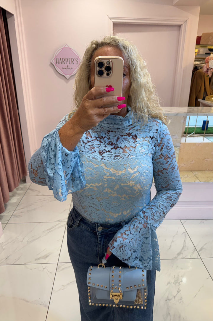 Caitlyn Blue Lace Top with Bell Sleeves