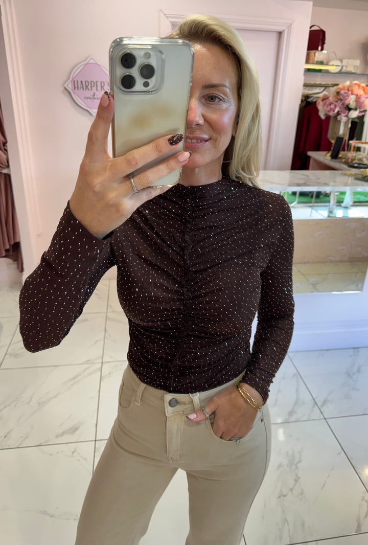 Terri Chocolate Sparkle Mesh Top