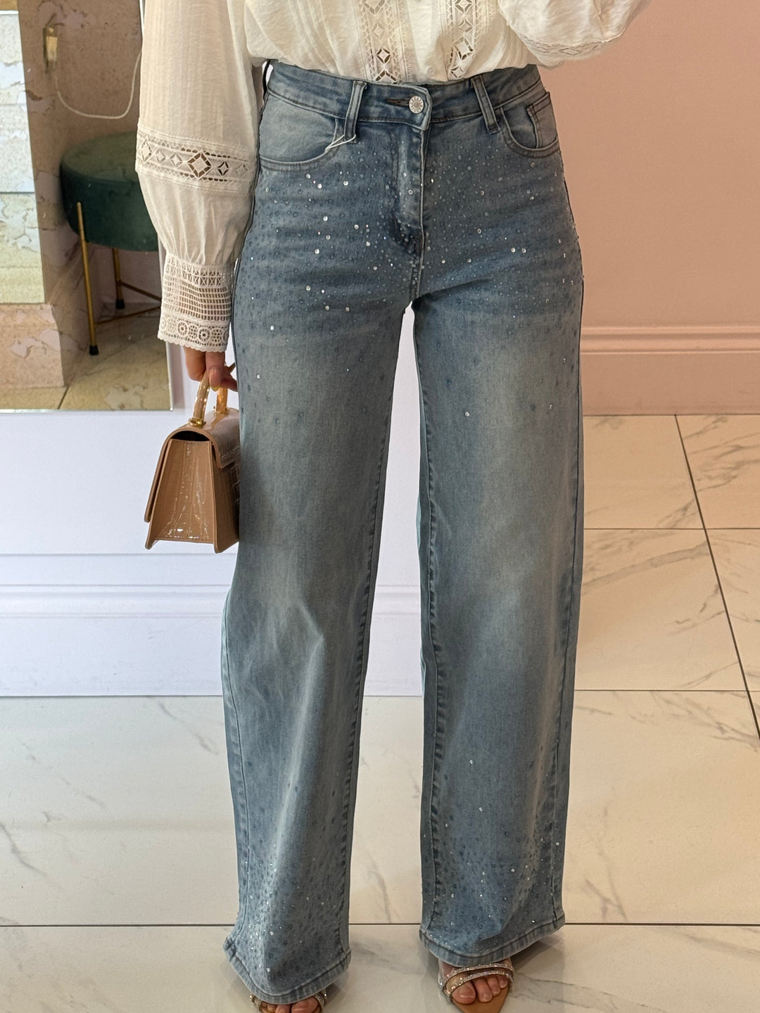 Andrea Wide Fit Blue & Silver Ombre Sparkle Stretch Jeans