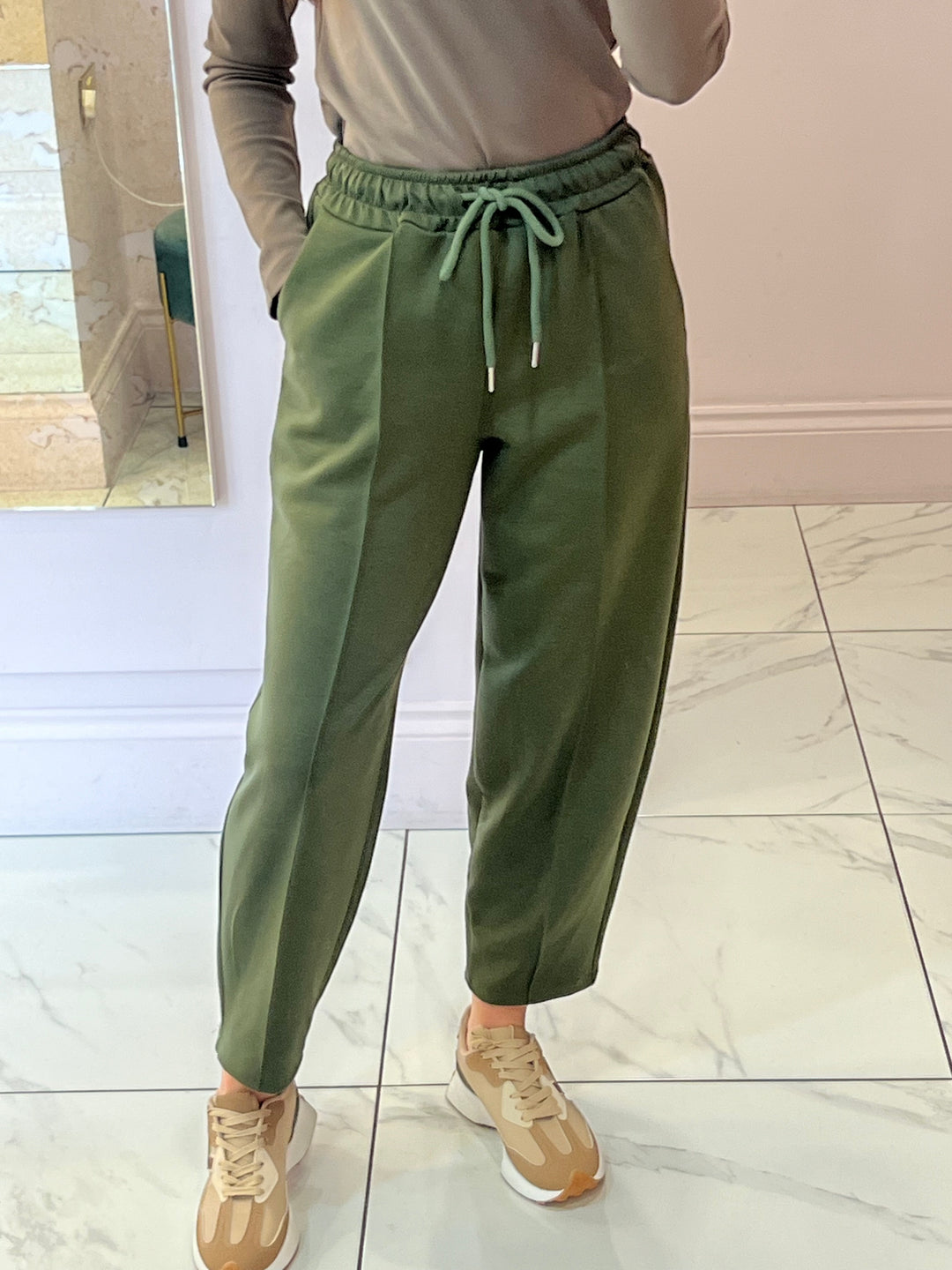 Evie Khaki Super Soft Seam Front Tapered Trousers