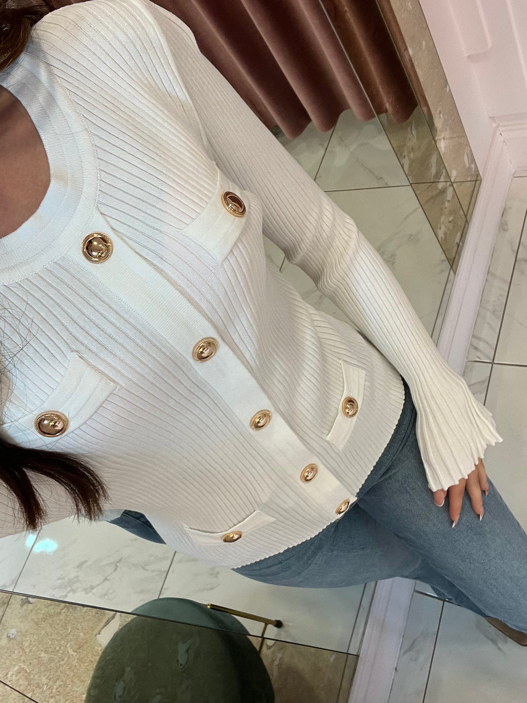 Clara White Ribbed Fluted Sleeve Gold Button Jumper