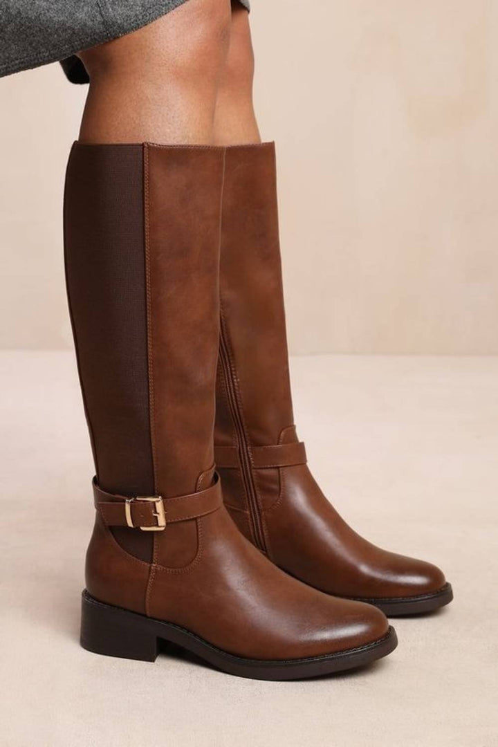 Elise Brown Knee High Elasticated Stretch Boots
