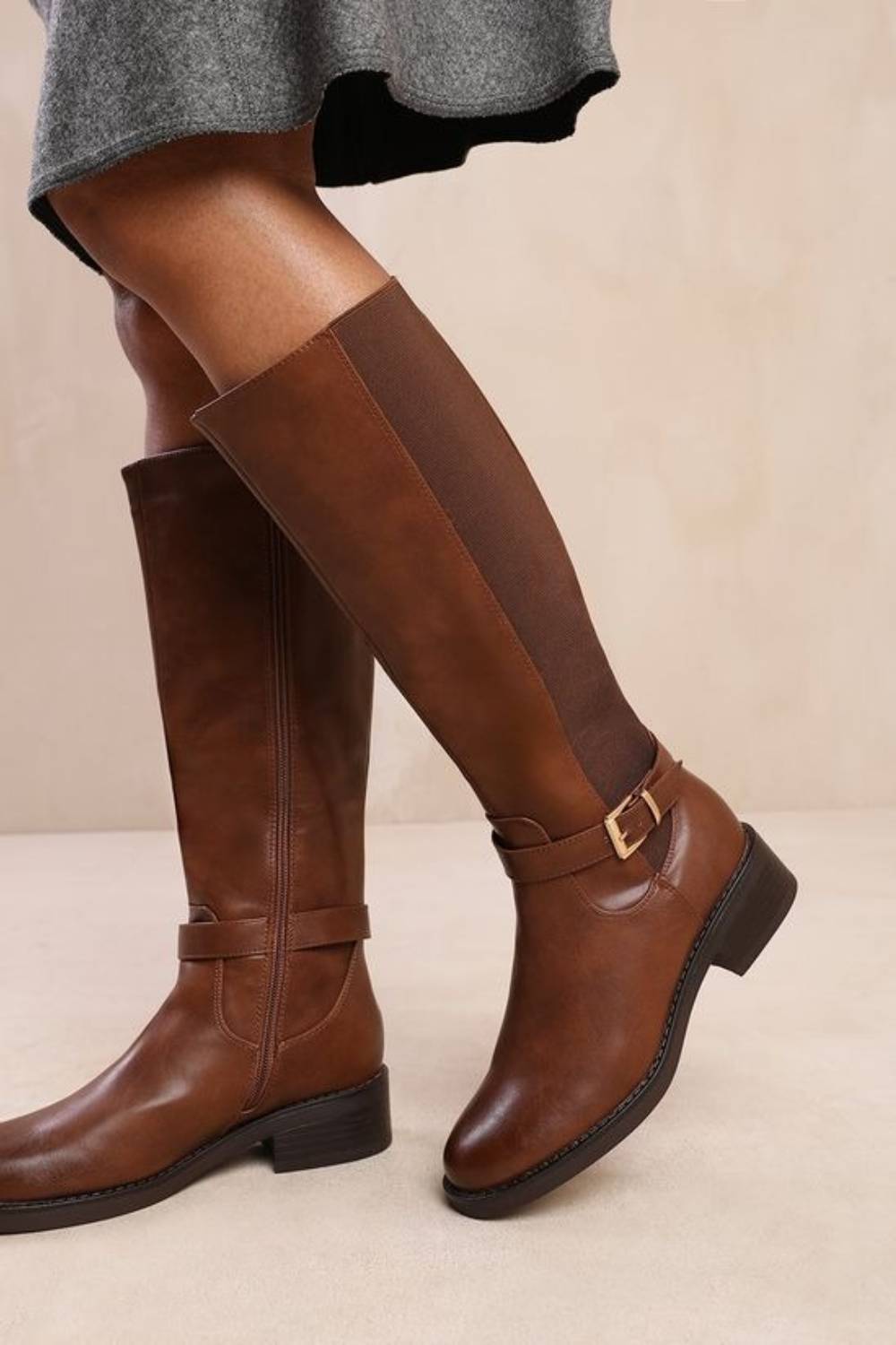 Elise Brown Knee High Elasticated Stretch Boots
