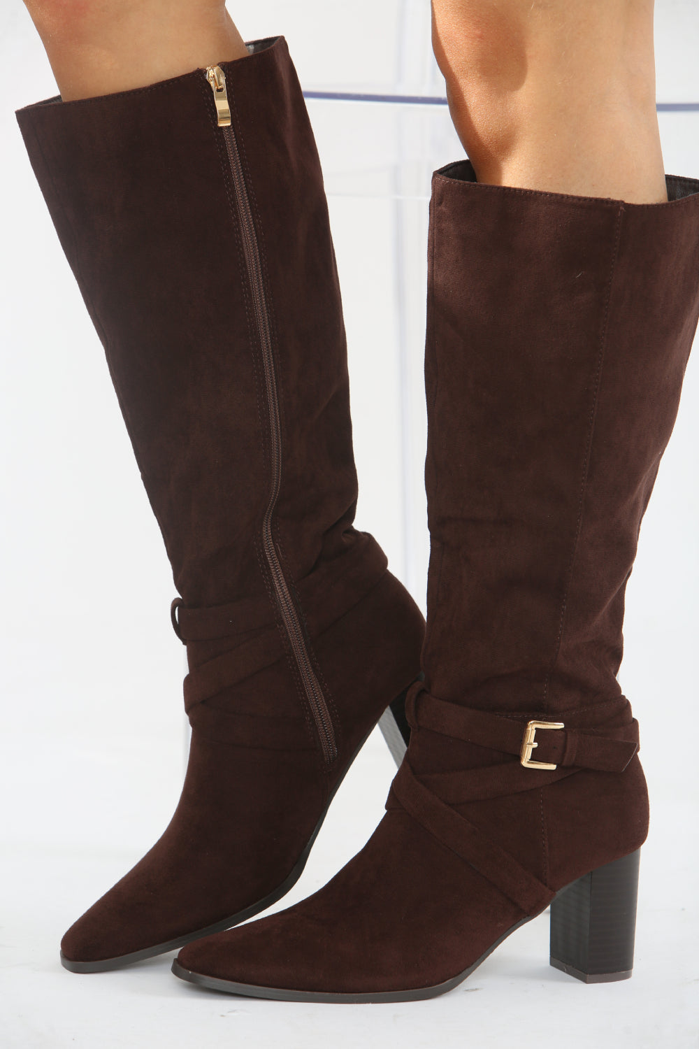 Eden Brown Suede Block Heel Knee Boots