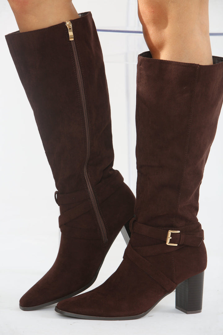 Eden Brown Suede Block Heel Knee Boots