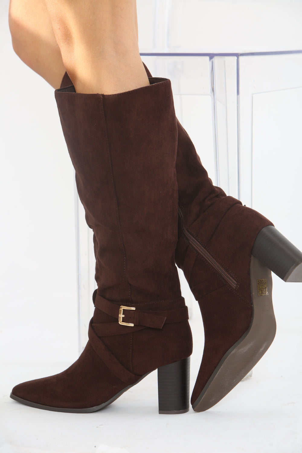 Eden Brown Suede Block Heel Knee Boots